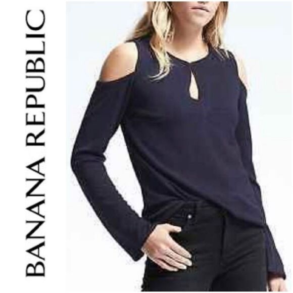 Banana Republic Navy Crepe Cold Shoulder Blouse Career Top Long Sleeve Textured - Picture 3 of 9